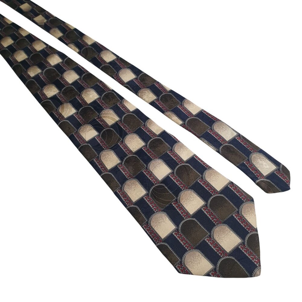 Louis Feraud Silk Geometric Pattern Tie Blue Beige 3.75 Wide Designer Office